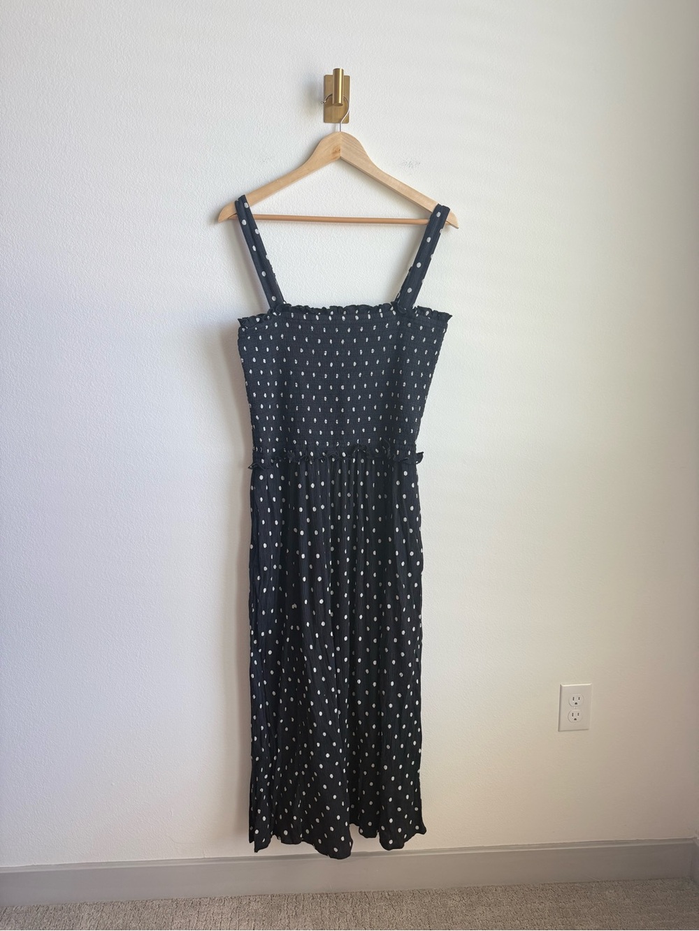 Aerie At the Barre Smocked Midi Dress Black White Polka Dot Pockets XL - Picture 6 of 15